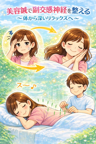 名古屋の休息治療院で美容鍼により副交感神経を整え、体から深くリラックスして眠る女性のイラスト