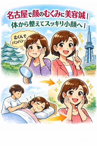 名古屋で顔のむくみに悩む女性が美容鍼で体から整えられ、むくみが改善してスッキリ小顔になるイラスト